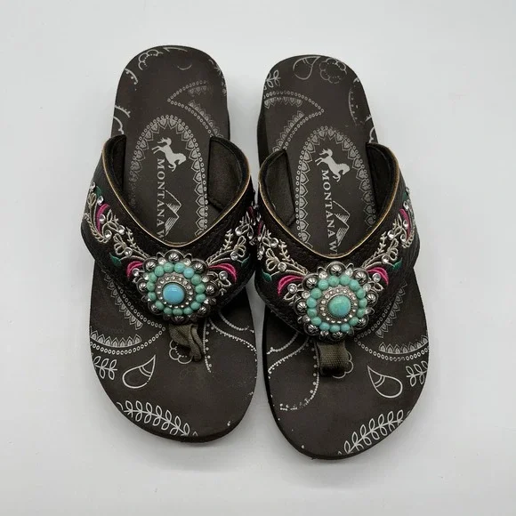 Montana West Flip-Flops Size 9 Brown Turquoise & Rhinestones Sandals - Picture 1 of 6